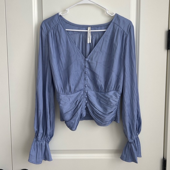 Anthropologie Ruched Blue Blouse Size S Button Front Smocked Waist Top - Picture 3 of 6